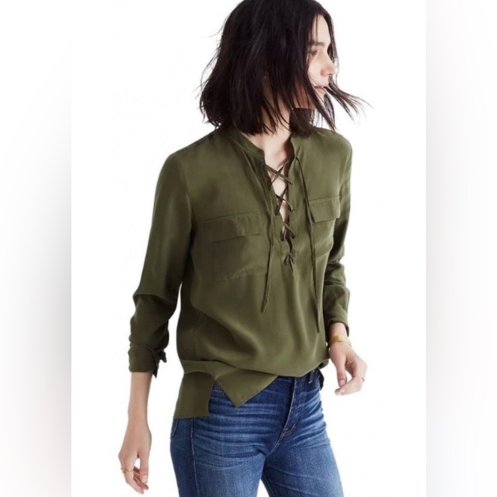 Madewell Silk Lace Front Olive Green Boho Blouse Long Sleeve Size L